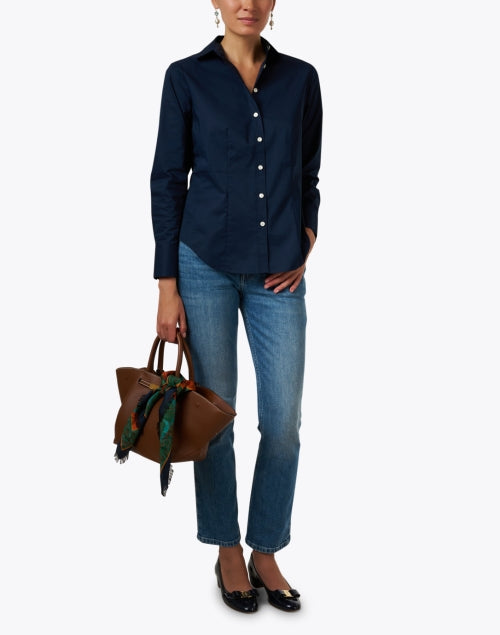 Stylish Navy Lightweight Stretch Cotton Button Front Diane Blouse