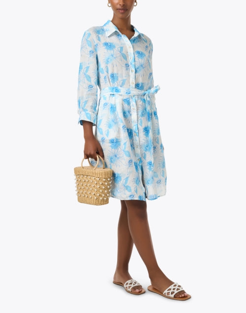 120% Lino Women's Breathable White and Blue Floral Print Linen Shirt Dress for Sunny Days