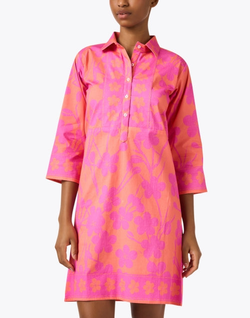 Stylish Pink and Orange Floral Stretch Cotton Shirt Dress