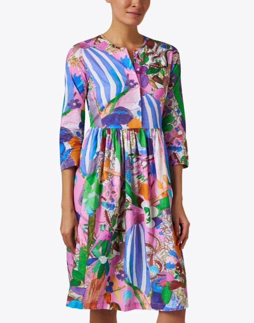 Stylish Multi - Patterned 100% Cotton Henley Neck Dress for a Relaxed Look
