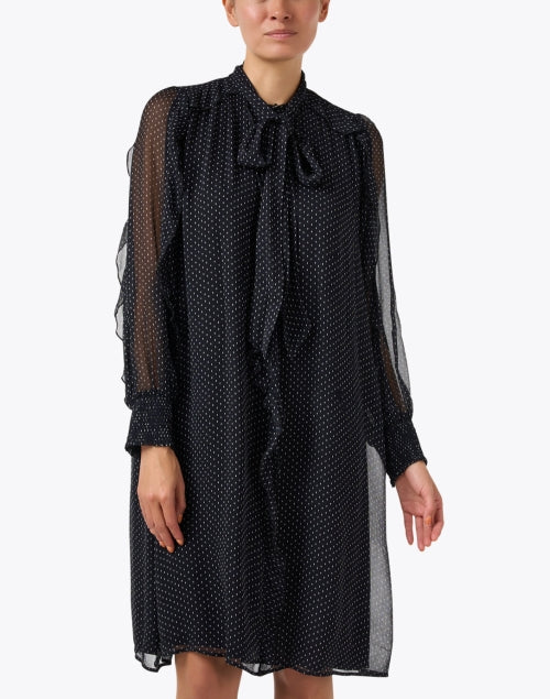 Elegant Black Dress with Polka Dots and Chic Details