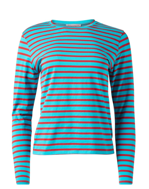 Stylish Turquoise and Crimson Striped Women's Long Sleeve Top