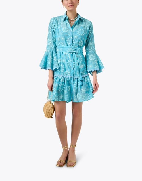 Stylish Blue Floral-Embroidered Women's Shirt Dress