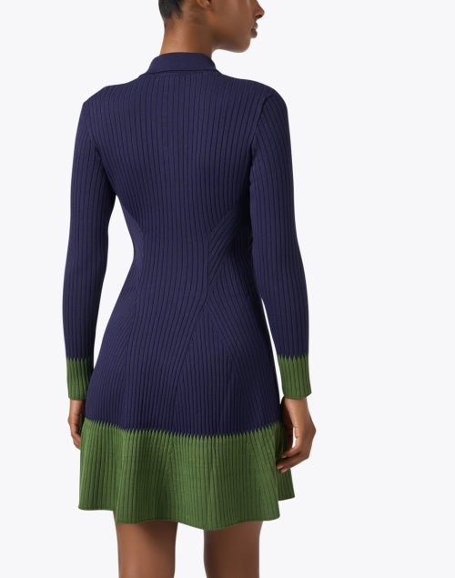 Navy and Green Pine Knit Shirt-Style Flare Dress