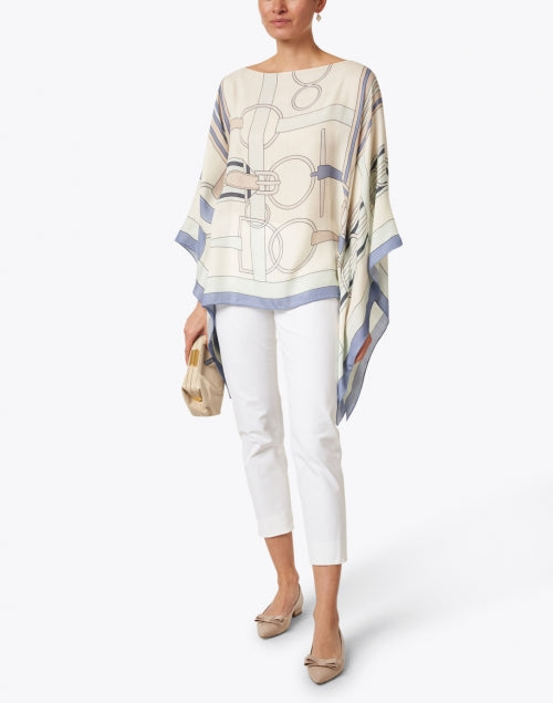 Italian-Made Firenze Blue Silk Cashmere Poncho with Saddle Print