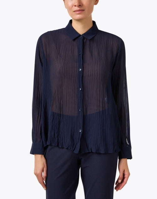 Ink Blue Featherweight Sheer Crinkled Silk Women's Fashion Top
