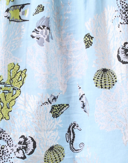 Orla Blue Reef Patterned Women's Cotton Top with Ruffle Neck and Puff Sleeves