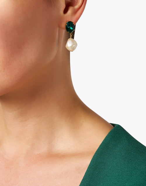 Stylish Tunis Emerald Green Crystal and Baroque Glass Pearl Drop Earrings for Women