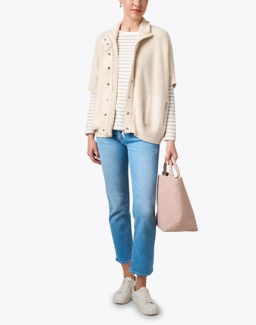 Elegant Ivory Short-Sleeved Cable Knit Snap-Button Cardigan