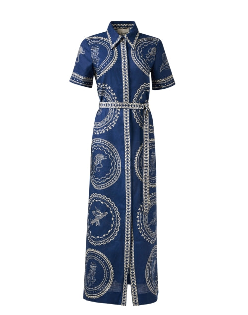Navy Colored Printed Linen Women's Shirt Style Dress