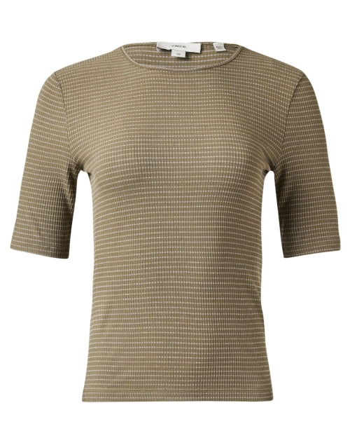 Stylish Green-Striped Stretch Knit Elbow-Length Sleeve Top