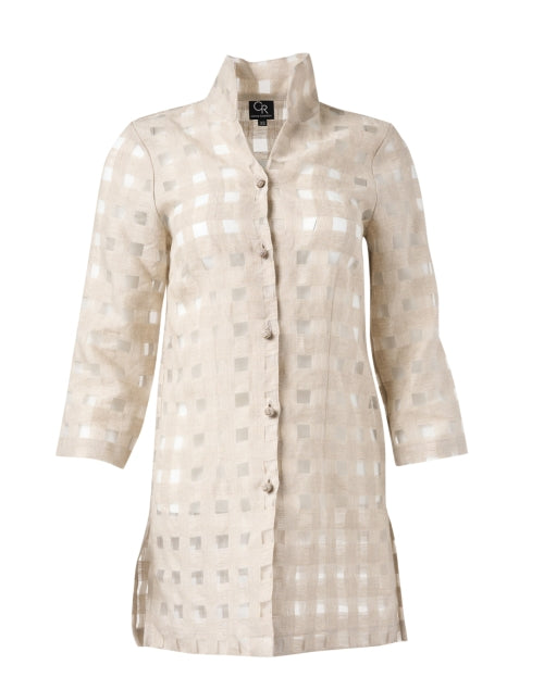 Rita Beige Sheer Plaid Women's Linen Blouse for Evening Wear