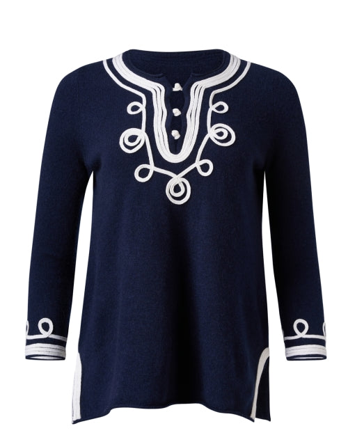 Stylish Navy Cashmere Calipso Top with Intricate White Embroidery