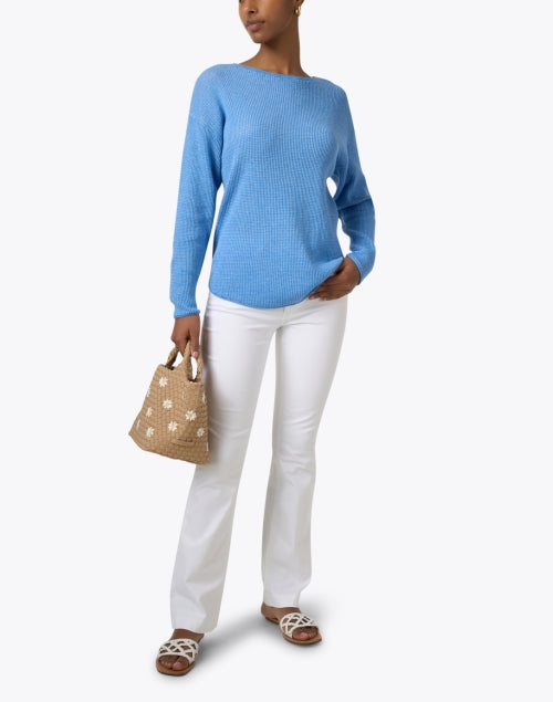 Stylish Blue Cotton Waffle-Knit Boat Neck Top