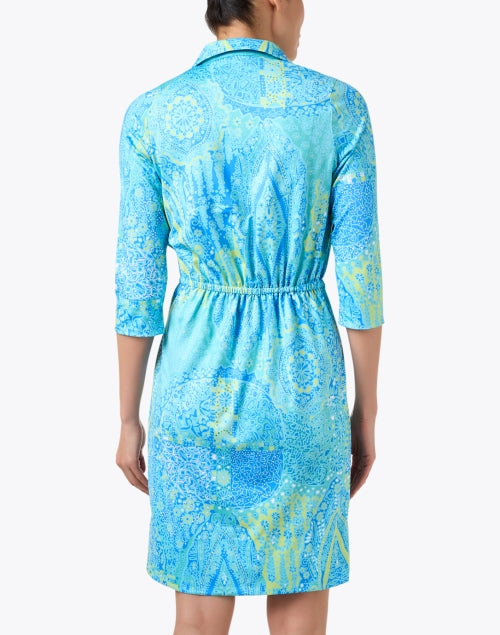 Intricate Turquoise Print Three - Quarter Sleeve Knee - Length Twist Dress