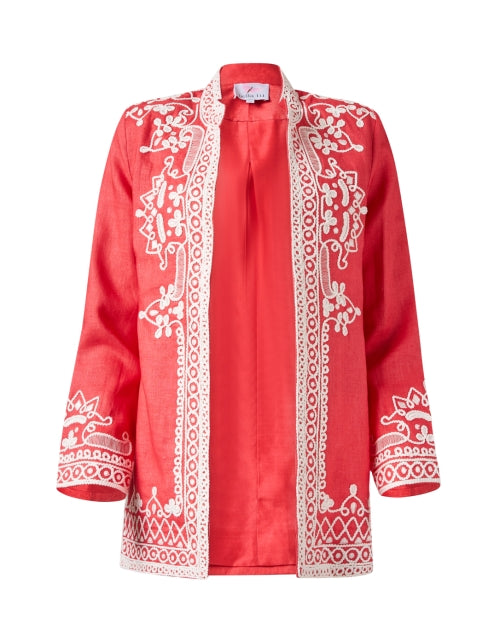 Stunning Hand - Embroidered Coral Linen Ceci Open - Front Jacket