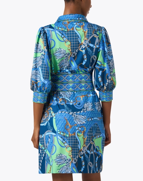 Stylish Blue Shirt Dress with Multi - Print Design