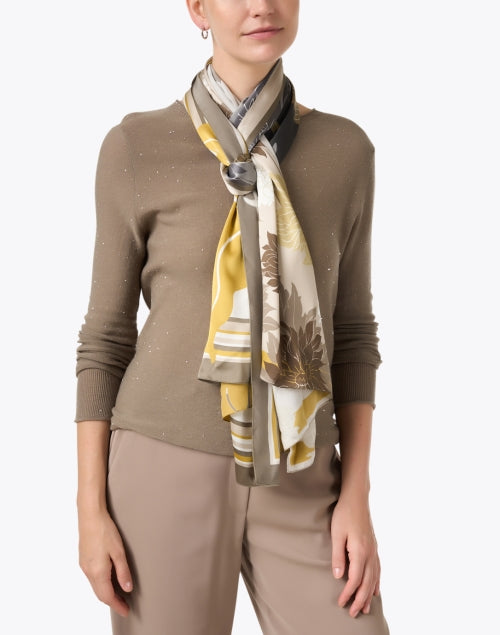 Stylish Taupe-Colored Floral Pattern Print Silk Scarf