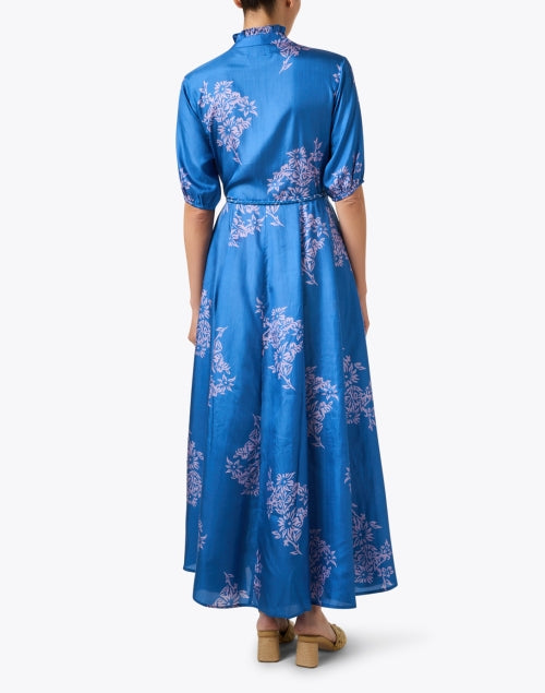 Stylish Blue Floral Patterned Silk Women's Dress