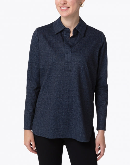 Navy Blue Denim-Style Hadley Henley Knit Top for a Fashionable Look