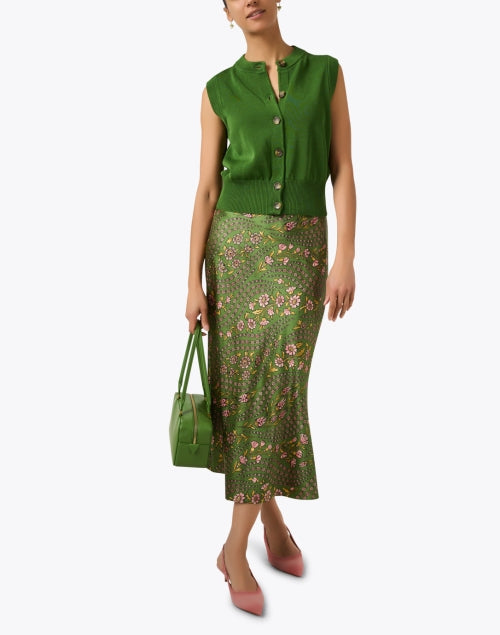 Veronica Beard's Stretch Silk Blend Clover Green Floral Print Midi Slip Skirt