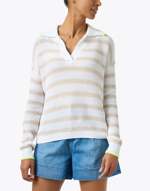 Beige and White Horizontal Striped Women's Cotton Knit Sweater for Casual Wear