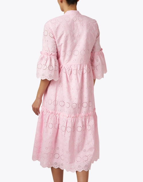 Pink 100% Cotton Eyelet Lace Midi Tiered Dress for Women