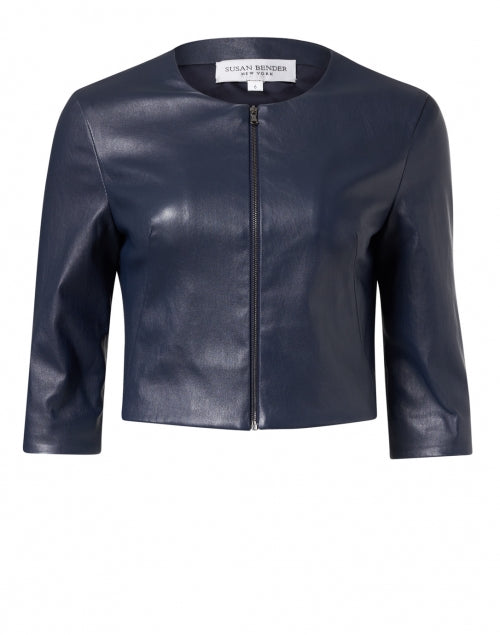 Navy Blue Stretchable Leather Women's Cropped Fashion Jacket