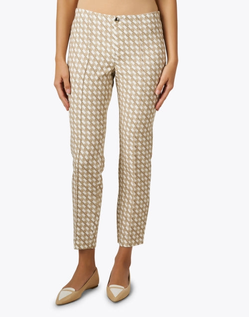 Anna Women's Beige Geometric Patterned Stretch Pants with Chic Zippers