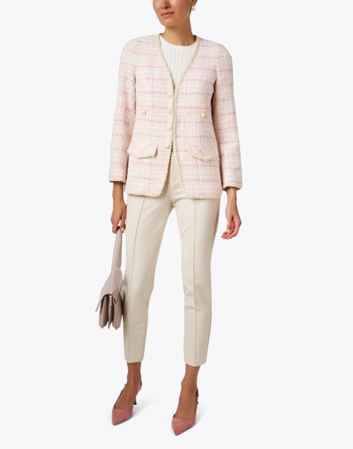 Stylish Beige and Pink Tweed Braided Trim V-Neck Jacket by Edward Achour