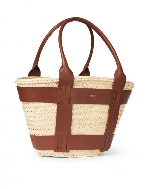 Santorini Handmade Cognac-Colored Leather and Raffia Straw Top-Handle Tote Bag