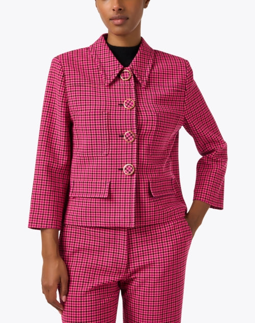 Stylish Pink Plaid Cropped Button-Front Luxury Jacket