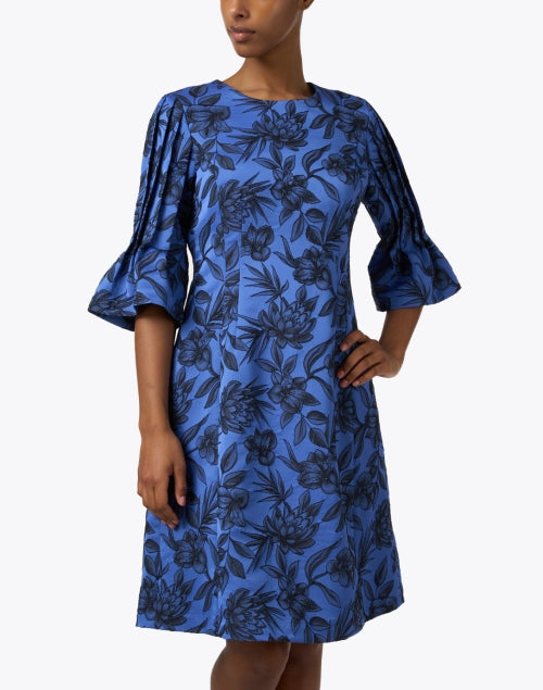 Stylish Blue and Black Floral Printed Dress with Pleated Sleeves