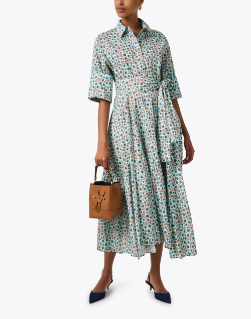Stylish Blue and Orange Multi - Printed Midi Dress with Self - Tie Belt
