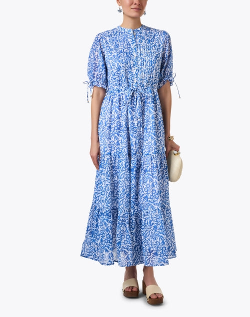 Stylish Cypress Blue Floral Adjustable Waist Cotton Dress