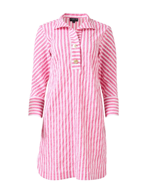 Elegant Pink and White Striped Women's Stretch Cotton Blend Shirt Dress