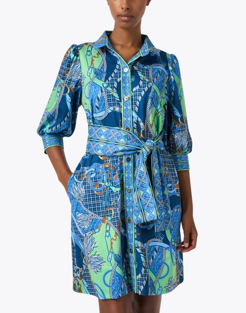 Stylish Blue Shirt Dress with Multi - Print Design