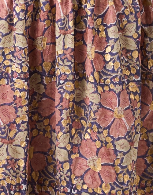 Stylish Pink and Golden Floral Print Cotton Women's Dress