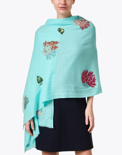 Exquisite Aqua-Embroidered Merino Wool Fashion Scarf for Warm Weather