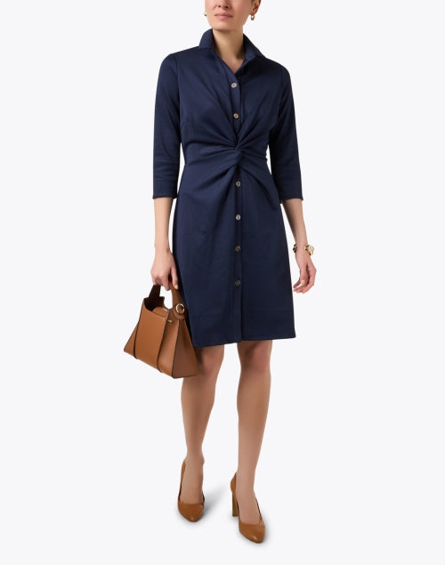 Stylish Navy Quarter - Sleeve Knee - Length Twist Shirt Dress