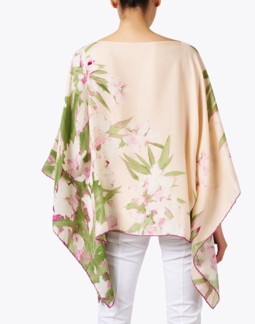 Pink Floral Patterned Luxury Cashmere Silk Women's Poncho Shawl