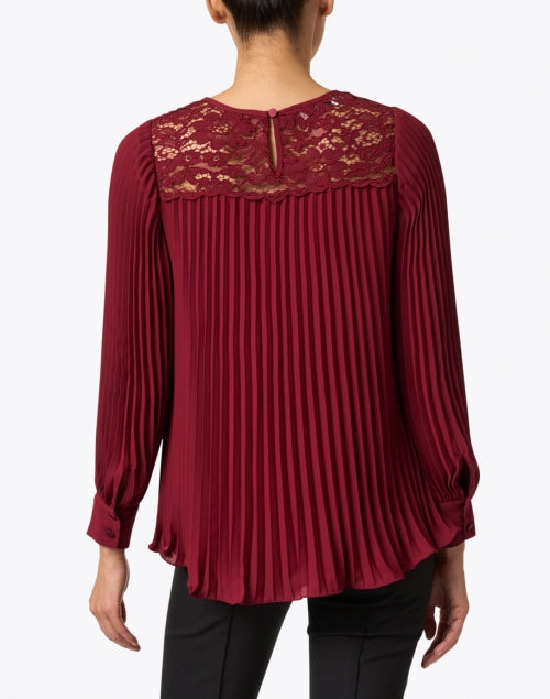 Stylish Bordeaux Long - Sleeved Pleated Lace Blouse