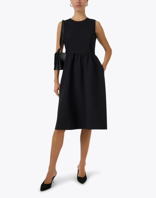 Lafayette 148 New York Luxury Wool-Silk Black A-Line Pearl Zip Midi Dress