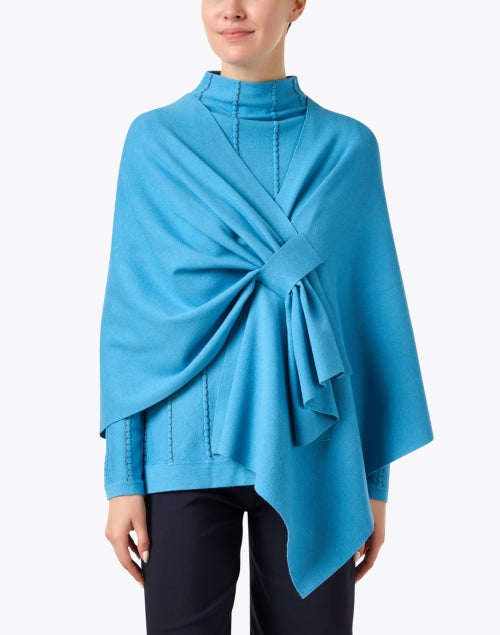 Stylish Blue Knit Wrap with Tab Closure for Cool Weather