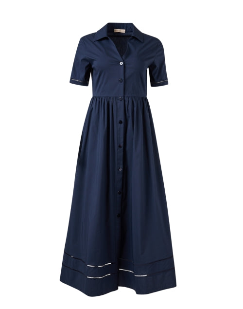 Stylish Navy Stretch Cotton Poplin A-Line Shirt Dress with Eyelet Details