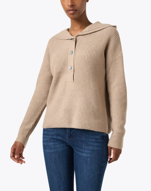 Stylish Beige Button Henley Neckline Hooded Sweater