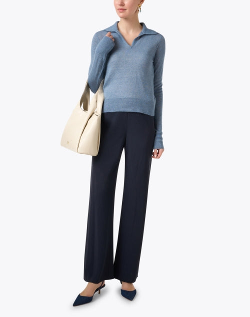 Navy-colored Crepe Material Bias-cut Straight-leg Pants