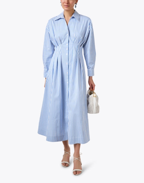 Exquisite Sutton Blue-and-White Striped Cotton Blend Shirt Dress with Tailored Waist
