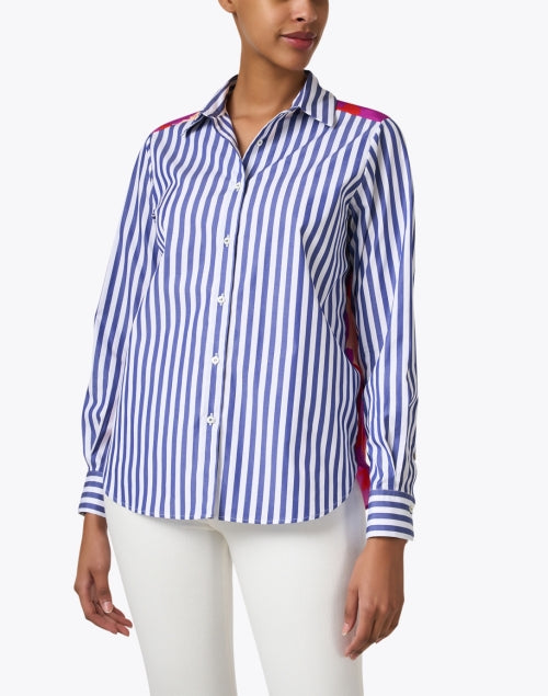 Rosso35 Silk Striped Blouse with Colorful Floral Back Design