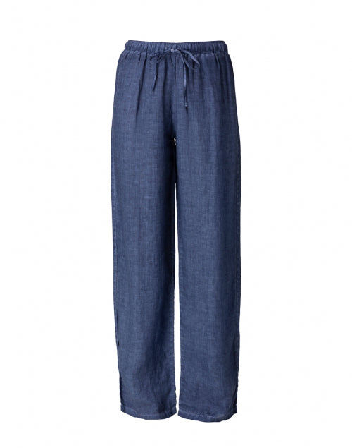 Comfortable Dark Blue Linen Wide-Leg Drawstring Casual Pants